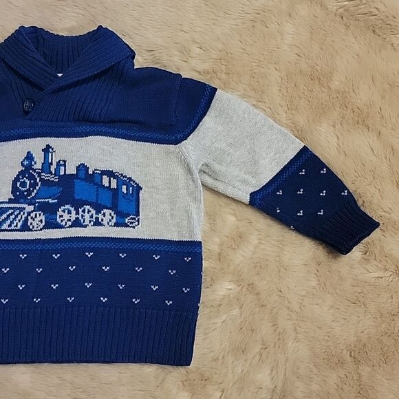JANIE AND JACK BLUE AND GRAY TRAIN SHAWL COLLAR SWEATER, SIZE 12-18 MONTHS - Picture 2 of 8